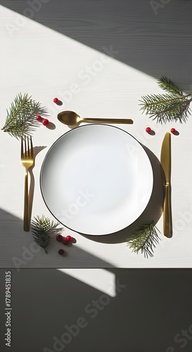 Minimalist Christmas food poster background with white plate, pine leaves, and red berries. Clean bright layout perfect for holiday menu or festive branding