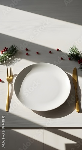 Minimalist Christmas food poster background with white plate, pine leaves, and red berries. Clean bright layout perfect for holiday menu or festive branding