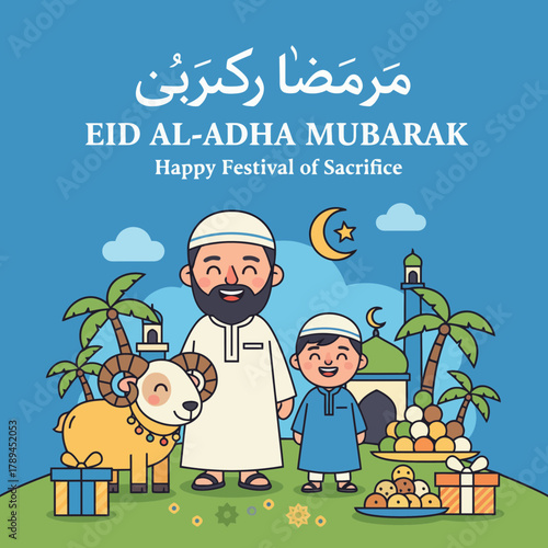 Eid al-Adha Mubarak celebration with happy family, sheep, gifts, and sweets in vector style