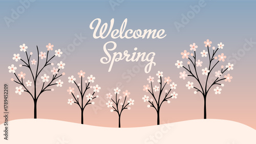 Welcome Spring Greeting with Blooming Trees