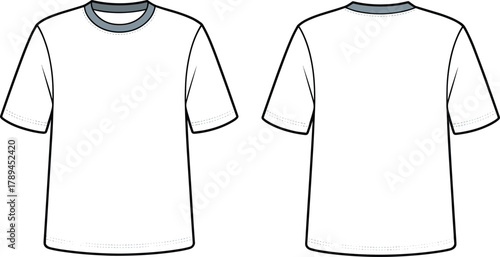 Basic unisex t-shirt flat fashion sketch front and back view, short sleeve casual apparel template, clothing CAD vector design