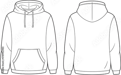 Blank hoodie flat vector template front and back view, casual unisex sweatshirt fashion design, clothing mockup for apparel design