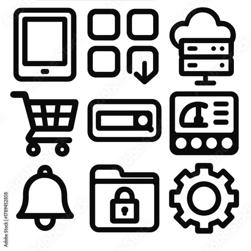 Brutalist Market Icons. Mobile Marketplace silhouette icon set: tablet device, app icons, cloud server, download symbol, shopping cart, search field, dashboard interface, button