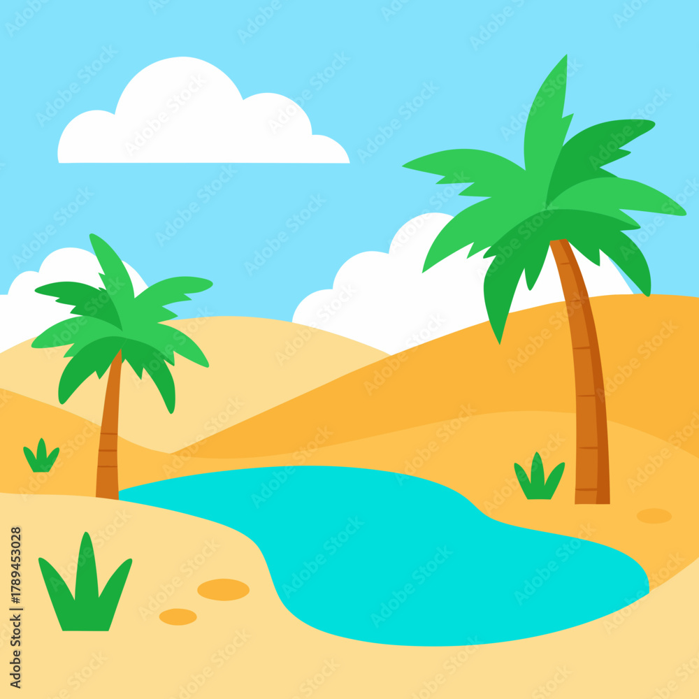 Fototapeta premium Cute Cartoon Oasis with Palm Trees and Sand Dunes