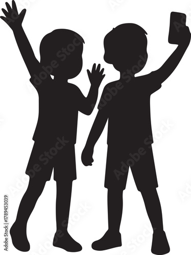 children taking selfie and raising hands in joyful pose silhouette vector illustration