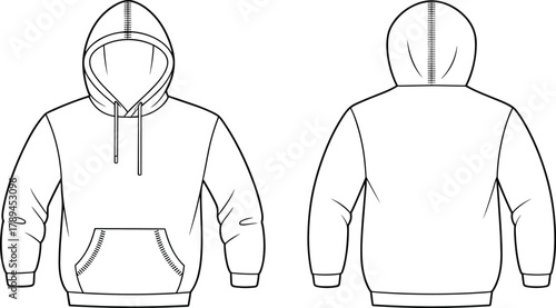 Hoodie sweatshirt flat vector front and back view, pullover hooded top design, casual unisex apparel technical drawing illustration