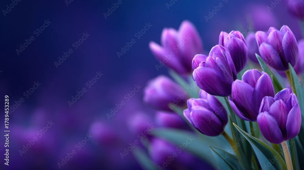 Fototapeta premium Vibrant Purple Tulips Blooming in Spring with Soft Focus Background