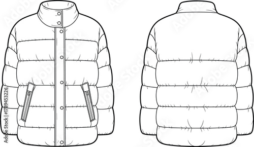 Puffer jacket flat vector front and back view, winter outerwear design template, quilted down coat fashion mockup illustration