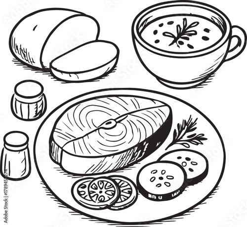 Fish steak with herbs, sliced vegetables, soup, bread, and seasoning silhouette vector illustration set
