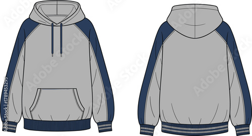 Two tone hoodie sweatshirt flat vector front and back view, casual pullover hooded top, fashion apparel design illustration template
