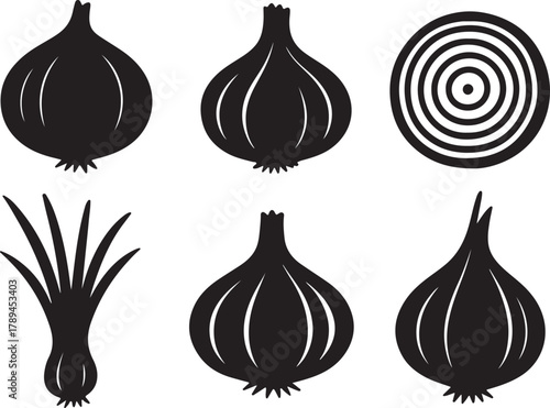 Various onion and garlic vegetable silhouettes vector