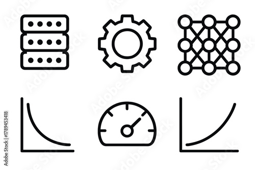 Machine Learning Icons. Model Training linear icon set: dataset, algorithm gear, neural network, prediction output, loss curve, accuracy gauge.