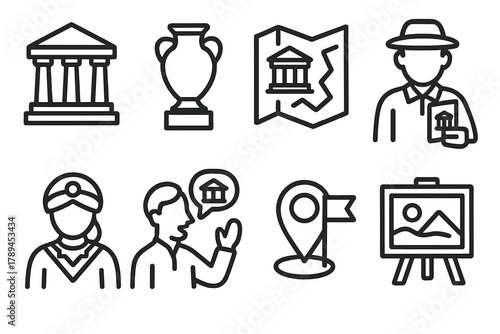 Cultural Tour Icons. Cultural Tour Guide linear icon set: temple, artifact, museum map, guidebook, local costume, storytelling figure, flag marker, art display.