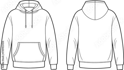 Unisex hoodie flat fashion sketch front and back view, casual pullover sweatshirt technical drawing, apparel CAD vector template design