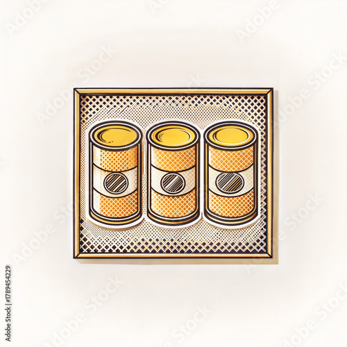 Colorful canned food illustration, artistic design, three cans, retro style, copy space