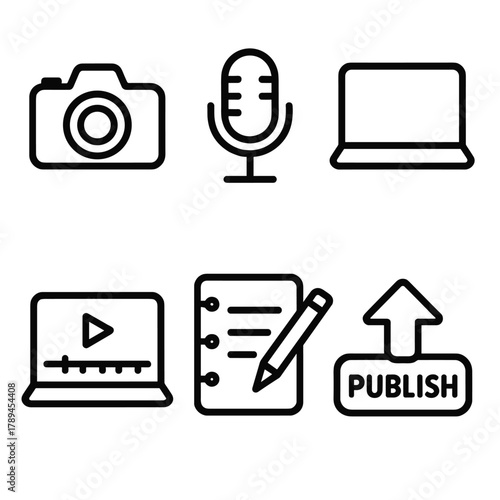 Content Creation Icons. Content Creation linear icon set: camera icon, microphone, laptop screen, video editing timeline, notepad, publish button.