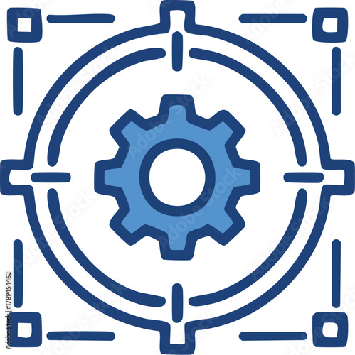 Precision engineering icon with a gear and target symbol, representing accuracy and mechanical functionality in a technical context