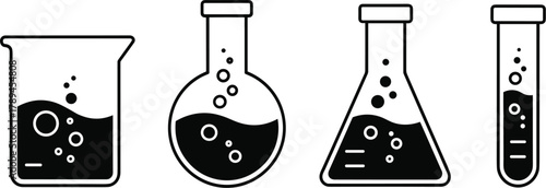 Set of laboratory glassware icons including beaker, flask, and test tube with bubbling liquid for chemistry and science research.