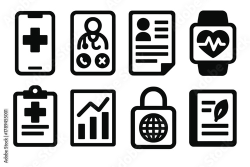 Digital Health Icons. Digital Clinics silhouette icon set: mobile healthcare app, doctor call screen, patient info panel, health monitoring, diagnosis report, medical chart icon,
