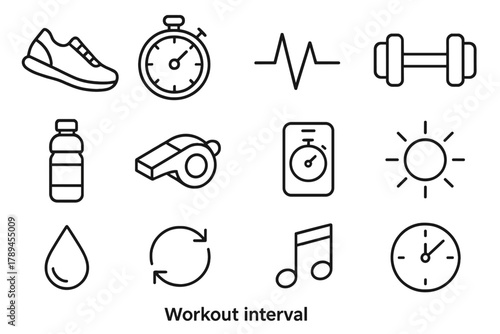 Fitness Icon Set. Workout Interval linear icon set: running shoe, stopwatch, heartbeat line, dumbbell, water bottle, whistle, timer app, sun, sweat drop, arrows loop, music note,