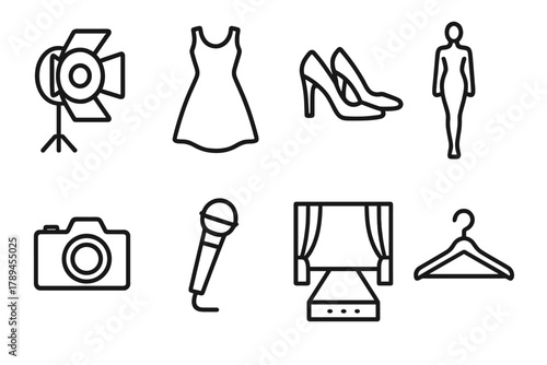 Fashion Runway Icons. Runway Essentials linear icon set: spotlight, dress, heels, model silhouette, camera, microphone, stage, hanger.