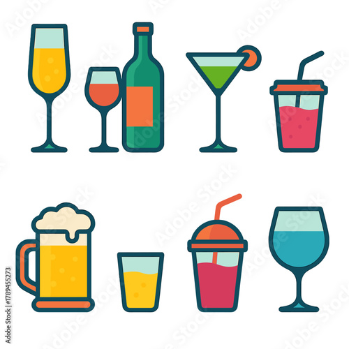 Colorful Drinkware Icons. Drinkware Pack flat icons: champagne glass, wine bottle with glass, martini cup, cocktail tumbler, beer mug, shot glass, smoothie cup, water goblet