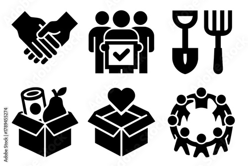 Community Icon Set. Community Teamwork silhouette icon set: helping hands, shared project, garden tools, food drive, donation box, unity circle.