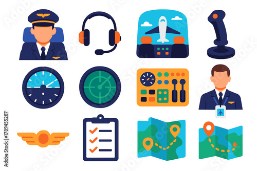 Aviator Icons Collection. Pilot & Crew flat icons: pilot cap, headset, uniform jacket, airplane cockpit, joystick, altimeter, radar screen, control panel, co-pilot badge, wings pin