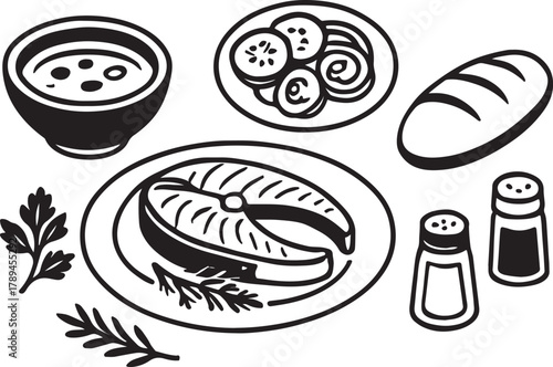 Fish steak with herbs, sliced vegetables, soup, bread, and seasoning silhouette vector illustration set