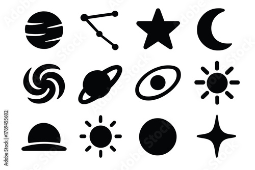 Cosmic Icon Set. Cosmic Destiny silhouette icon set: planet, constellation, star, moon, galaxy swirl, comet, orbit, sun, horizon, glow, circle, spark. , .