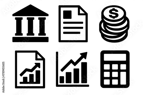 Brutalist Finance Icons. Business funding silhouette icon set: bank building, contract paper, coin stack, document chart, bar graph, calculator.