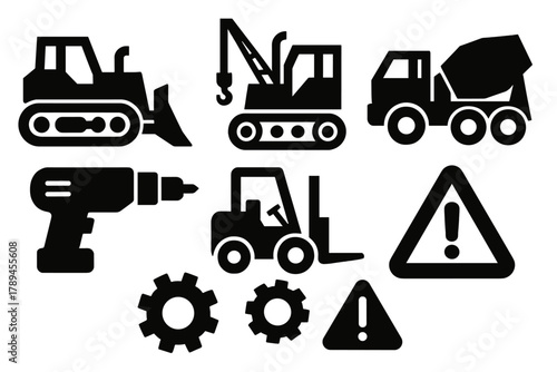 Brutalist Machine Icons. Heavy Machinery silhouette icon set: bulldozer, crane, dump truck, cement mixer, drill, forklift, gear, caution sign.