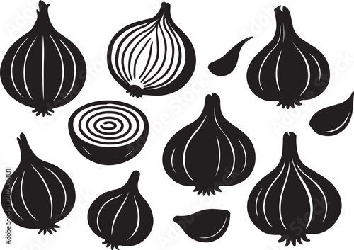 Various onion and garlic vegetable silhouettes vector illustration