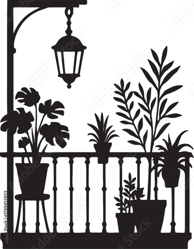 a balcony with plants and lantern silhouette vector