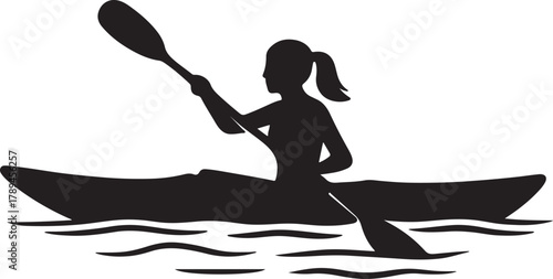 Woman kayaking on calm water solo paddle adventure silhouette vector