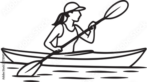  Woman kayaking on calm water solo paddle adventure silhouette vector