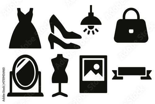 Brutalist Fashion Icons. Display Window Set silhouette icon set: gown, shoes, light, bag, mirror, mannequin, poster, ribbon.