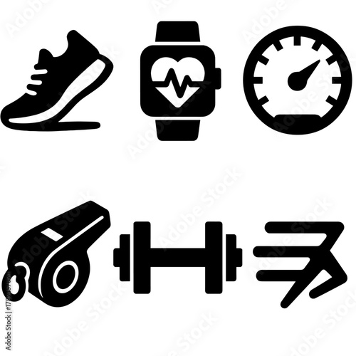 Brutalist Athlete Icons. Athlete Performance silhouette icon set: running shoe, heart rate monitor, speedometer, whistle, barbell, motion lines.