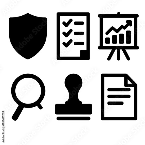Bold Compliance Icons. Compliance audit silhouette icon set: shield, checklist, document, chart board, magnifier, approval stamp.