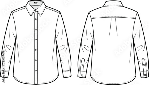 Classic long sleeve button-up shirt flat sketch with collar and cuffs, front and back technical apparel CAD drawing vector template