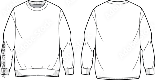 Technical flat sketch of classic crew neck sweatshirt with ribbed cuffs and hem, fashion CAD clothing vector template illustration