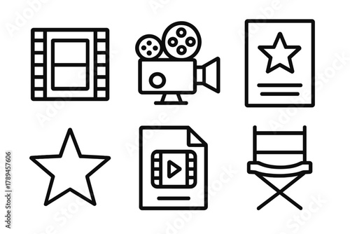 Cinematic Icon Collection. Cinematic Archive linear icon set: film strip, projector, movie poster, star, video file, director chair.