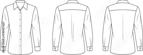 Technical flat sketch of classic long sleeve shirt with collar, button front, and cuff details, professional fashion CAD vector