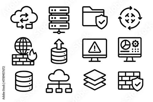 Data Security Icons. Hybrid Migration linear icon set: connected clouds, server rack, secure folder, data flow, shield emblem, virtualization layers, network globe, firewall wall,