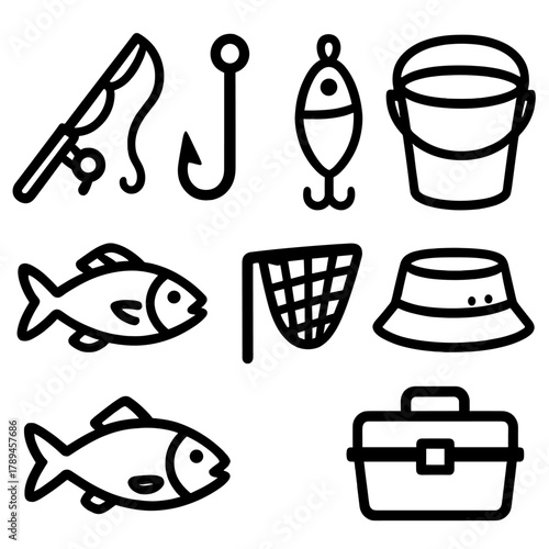 Fishing Gear Icons. Fishing Essentials linear icon set: fishing rod, hook, bait, bucket, fish, net, hat, tackle box.