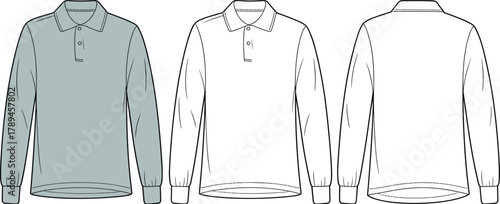 Technical flat sketch of long sleeve polo shirt with collar, button placket, and cuff details, professional fashion CAD vector design