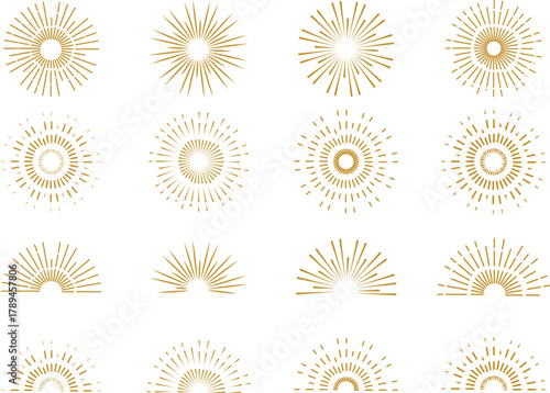 Sun sunburst. Boho sun with rays, Bohemian sunrise and sunset minimalist line icons, solar mystic retro tattoo design. Morning star. Vector sunshine vintage logo isolated set 