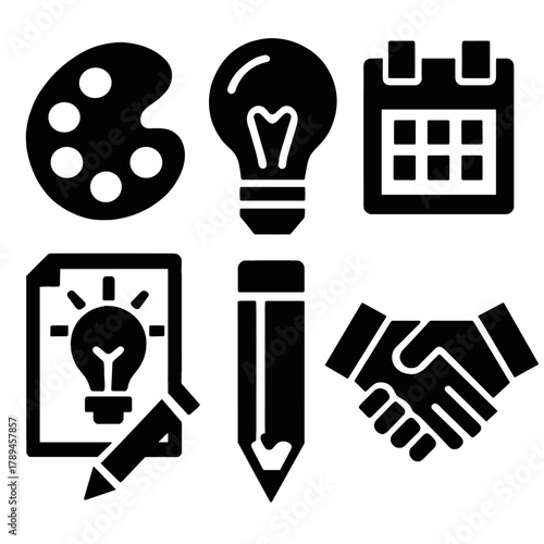 Brutalist Icon Set. Creative incubator silhouette icon set: palette, light bulb, calendar, idea sketch, pencil, handshake.