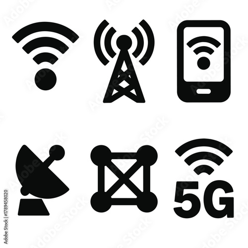 Brutalist Network Icons. Wireless Networking silhouette icon set: Wi-Fi antenna, signal tower, mobile hotspot, satellite dish, mesh node, 5G symbol.