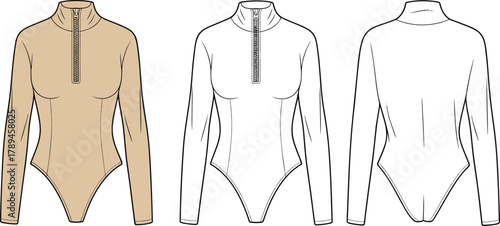 Technical flat sketch of women long sleeve bodysuit with zipper front and high neck, front and back CAD vector template